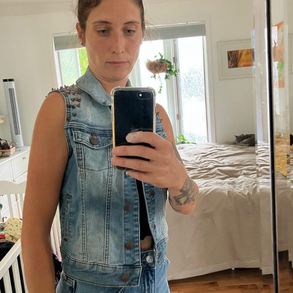 Streetwear Society Blue Jean sleeveless vest  with Studded Shoulders